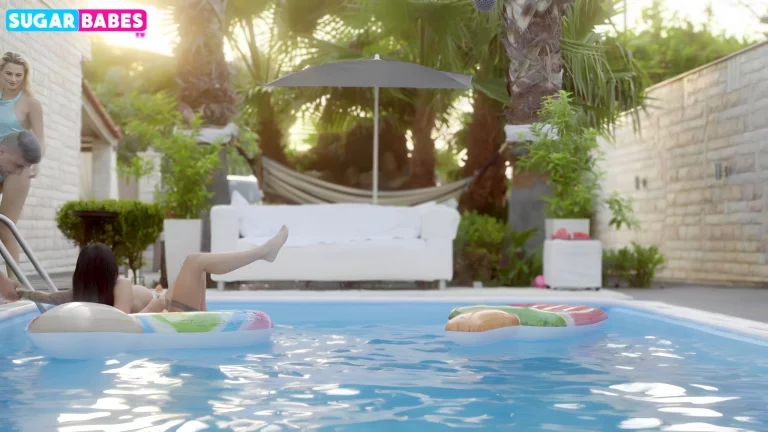 Lesbian Double Headed Dildo Action By The Pool 