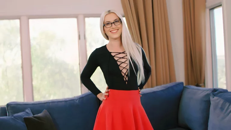 Platinum Haired Babe Niki Snow Takes His Big Dick On The Blue Couch 