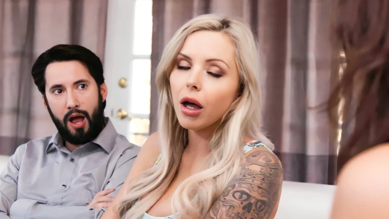 Blonde Cougar Cherie DeVille And Young Babysitter Jillian Janson Take The Same Cock 